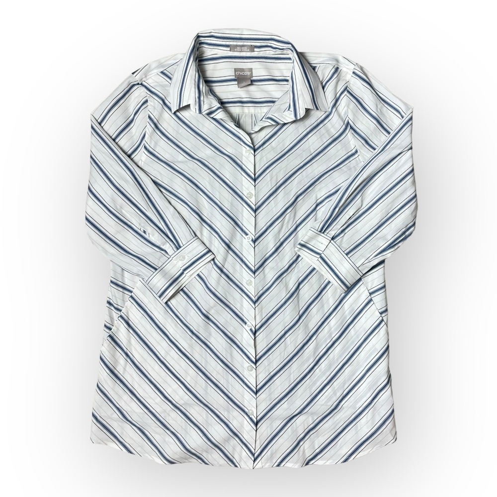 Chico's Blouse No-Iron Stain Shield Blue Stripped Cotton Button Up Top size 1 - Picture 2 of 10